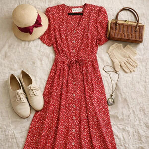 Vintage 90s does 40s Red Floral Star Print Button Down Midi Dress